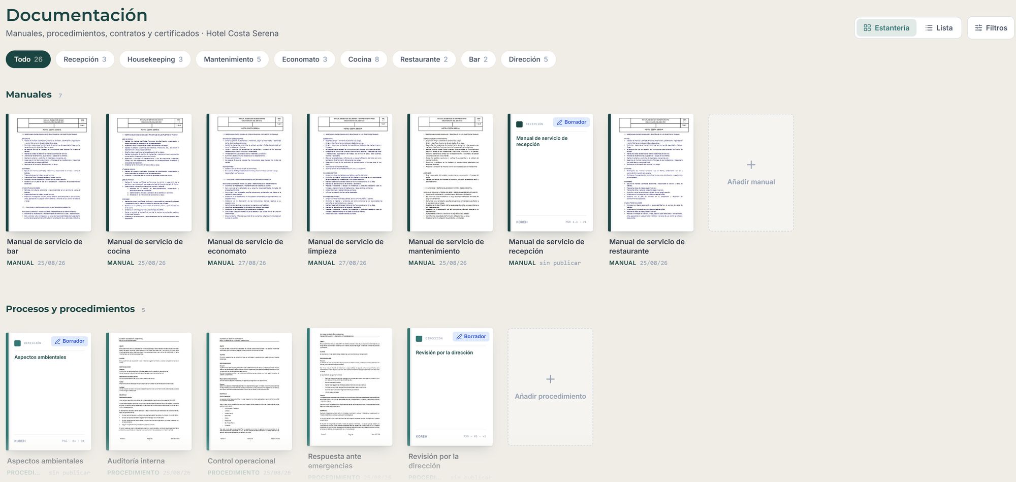 Biblioteca de documentación: 26 documentos filtrados por departamento, con manuales y procedimientos, sus versiones y su estado de publicación