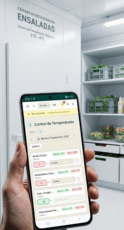 Control de temperaturas en una cámara de refrigeración con el aviso de sin conexión y tres operaciones pendientes de sincronizar
